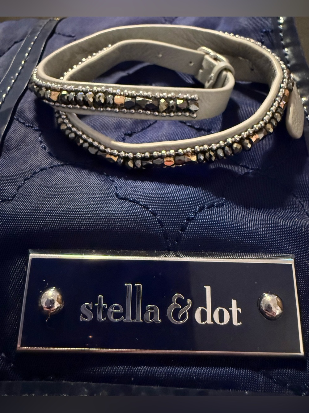 Stella & Dot gray leather double-wrap beaded bracelet